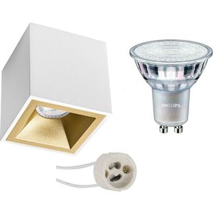 Voordeelset: Opbouwspot Set - Pragmi Cliron Pro - GU10 Fitting - Opbouw Vierkant - Mat Wit/Goud - Verdiept - 90mm - Philips - MASTER 927 36D VLE - 3.7W - Warm Wit 2200K-2700K - DimTone Dimbaar