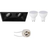 LED Spot Set - Pragmi Zano Pro - Dimbaar - Inbouw Rechthoek Dubbel - Mat Zwart - GU10 Fitting - 6W - Helder/Koud Wit 6400K - Kantelbaar - 185x93mm