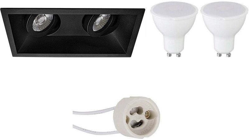 LED Spot Set - Pragmi Zano Pro - Dimbaar - Inbouw Rechthoek Dubbel - Mat Zwart - GU10 Fitting - 6W - Helder/Koud Wit 6400K - Kantelbaar - 185x93mm