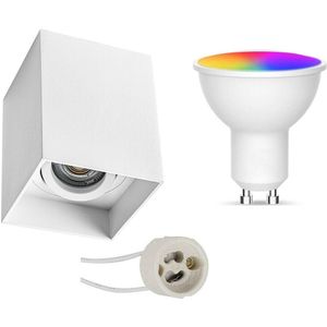 Voordeelset Opbouwspot Set GU10 - Facto - Smart LED - Wifi LED - Slimme LED - 5W - RGB+CCT - Aanpasbare Kleur - Dimbaar - Afstandsbediening - Pragmi Luxina Pro - Opbouw Vierkant - Mat Wit - Verdiept - Kantelbaar - 90mm