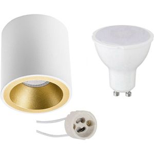 Voordeelset Opbouwspot Set - Pragmi Cliron Pro - GU10 Fitting - Dimbaar - Opbouw Rond - Mat Wit/Goud - 6W - Warm Wit 3000K - Verdiept - Ø90mm