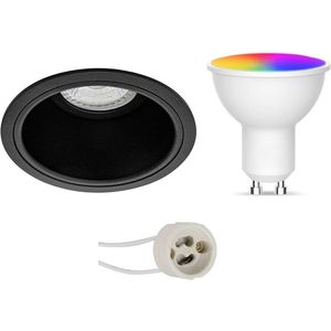 Voordeelset LED Spot Set GU10 - Facto - Smart LED - Wifi LED - Slimme LED - 5W - RGB+CCT - Aanpasbare Kleur - Dimbaar - Pragmi Minko Pro - Inbouw Rond - Mat Zwart - Verdiept - Ø90mm