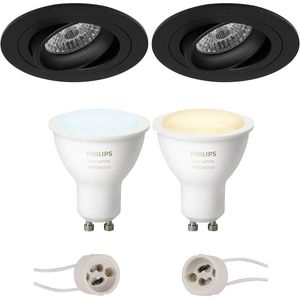 Voordeelset Pragmi Alpin Pro - Inbouw Rond - Mat Zwart - Kantelbaar Ø92mm - Philips Hue - LED Spot Set GU10 - White Ambiance - Bluetooth