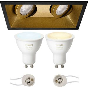 Voordeelset Pragmi Zano Pro - Inbouw Rechthoek Dubbel - Mat Zwart/Goud - Kantelbaar - 185x93mm - Philips Hue - LED Spot Set GU10 - White Ambiance - Bluetooth