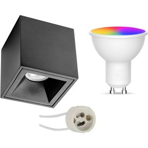 Voordeelset Opbouwspot Set GU10 - Facto - Smart LED - Wifi LED - Slimme LED - 5W - RGB+CCT - Aanpasbare Kleur - Dimbaar - Pragmi Cliron Pro - Opbouw Vierkant - Mat Zwart - Verdiept - 90mm