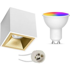 Voordeelset Opbouwspot Set GU10 - Facto - Smart LED - Wifi LED - Slimme LED - 5W - RGB+CCT - Aanpasbare Kleur - Dimbaar - Pragmi Cliron Pro - Opbouw Vierkant - Mat Wit/Goud - Verdiept - 90mm