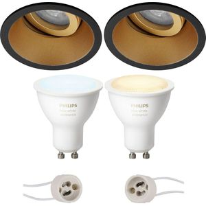 Voordeelset Pragmi Zano Pro - Inbouw Rond - Mat Zwart/Goud - Kantelbaar - Ø93mm - Philips Hue - LED Spot Set GU10 - White Ambiance - Bluetooth