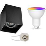 Voordeelset Opbouwspot Set GU10 - Facto - Smart LED - Wifi LED - Slimme LED - 5W - RGB+CCT - Aanpasbare Kleur - Dimbaar - Pragmi Luxina Pro - Opbouw Vierkant - Mat Zwart - Verdiept - Kantelbaar - 90mm