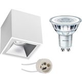 Voordeelset: Opbouwspot Set - Pragmi Cliron Pro - GU10 Fitting - Opbouw Vierkant - Mat Wit/Zilver - Verdiept - 90mm - Philips - CorePro 830 36D - 4.6W - Warm Wit 3000K