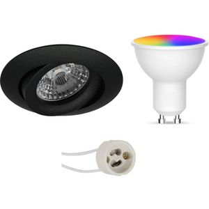 Voordeelset LED Spot Set GU10 - Facto - Smart LED - Wifi LED - Slimme LED - 5W - RGB+CCT - Aanpasbare Kleur - Dimbaar - Afstandsbediening - Pragmi Uranio Pro - Inbouw Rond - Mat Zwart - Kantelbaar - Ø82mm