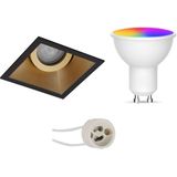 Voordeelset LED Spot Set GU10 - Facto - Smart LED - Wifi LED - Slimme LED - 5W - RGB+CCT - Aanpasbare Kleur - Dimbaar - Afstandsbediening - Pragmi Zano Pro - Inbouw Vierkant - Mat Zwart/Goud - Kantelbaar - 93mm