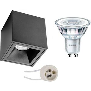Voordeelset: Opbouwspot Set - Pragmi Cliron Pro - GU10 Fitting - Opbouw Vierkant - Mat Zwart - Verdiept - 90mm - Philips - CorePro 830 36D - 4.6W - Warm Wit 3000K