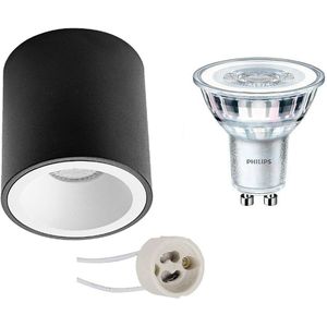 Voordeelset: Opbouwspot Set - Pragmi Cliron Pro - GU10 Fitting - Opbouw Rond - Mat Zwart/Wit - Verdiept - Ø90mm - Philips - CorePro 840 36D - 4W - Natuurlijk Wit 4000K - Dimbaar