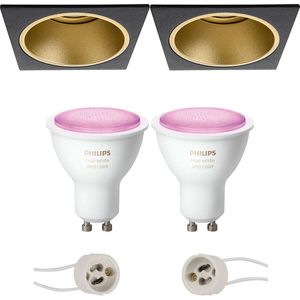 Voordeelset Pragmi Minko Pro - Inbouw Vierkant - Mat Zwart/Goud - Verdiept - 90mm - Philips Hue - LED Spot Set GU10 - White and Color Ambiance - Bluetooth