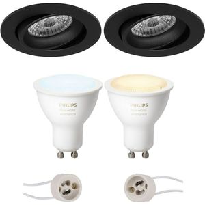 Voordeelset Pragmi Delton Pro - Inbouw Rond - Mat Zwart - Kantelbaar - Ø82mm - Philips Hue - LED Spot Set GU10 - White Ambiance - Bluetooth