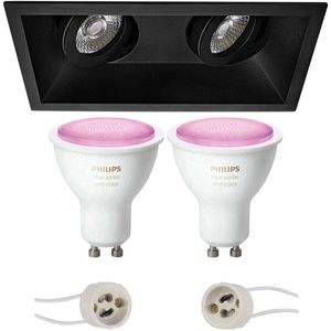 Voordeelset Pragmi Zano Pro - Inbouw Rechthoek Dubbel - Mat Zwart - Kantelbaar - 185x93mm - Philips Hue - LED Spot Set GU10 - White and Color Ambiance - Bluetooth
