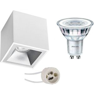Voordeelset: Opbouwspot Set - Pragmi Cliron Pro - GU10 Fitting - Opbouw Vierkant - Mat Wit/Zilver - Verdiept - 90mm - Philips - CorePro 827 36D - 4.6W - Warm Wit 2700K
