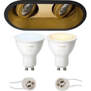 Voordeelset Pragmi Zano Pro - Inbouw Ovaal Dubbel - Mat Zwart/Goud - Kantelbaar - 185x93mm - Philips Hue - LED Spot Set GU10 - White Ambiance - Bluetooth