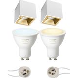 Voordeelset Pragmi Cliron Pro - Opbouw Vierkant - Mat Wit/Goud - Verdiept - 90mm - Philips Hue - Opbouwspot Set GU10 - White Ambiance - Bluetooth