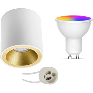 Voordeelset Opbouwspot Set GU10 - Facto - Smart LED - Wifi LED - Slimme LED - 5W - RGB+CCT - Aanpasbare Kleur - Dimbaar - Pragmi Cliron Pro - Opbouw Rond - Mat Wit/Goud - Verdiept - Ø90mm