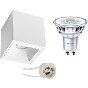 Voordeelset: Opbouwspot Set - Pragmi Cliron Pro - GU10 Fitting - Opbouw Vierkant - Mat Wit - Verdiept - 90mm - Philips - CorePro 830 36D - 4W - Warm Wit 3000K - Dimbaar