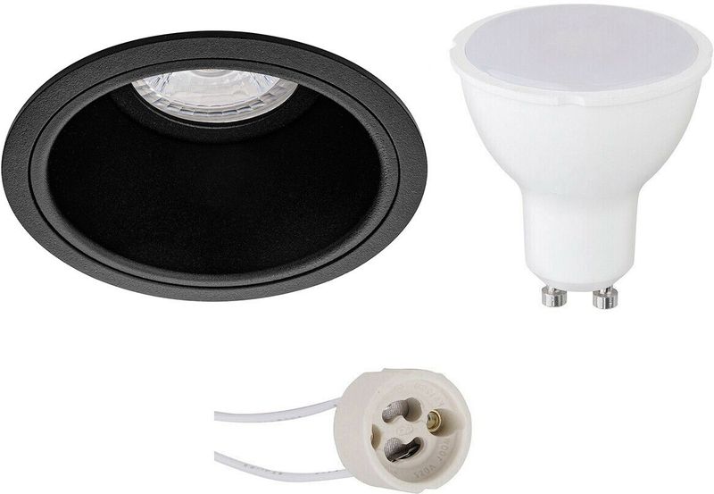 LED Spot Set - Pragmi Minko Pro - Dimbaar - Inbouw Rond - Mat Zwart - GU10 Fitting - 6W - Helder/Koud Wit 6400K - Verdiept - Ø90mm