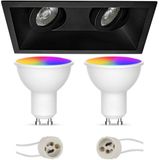 Voordeelset LED Spot Set GU10 - Facto - Smart LED - Wifi LED - Slimme LED - 5W - RGB+CCT - Aanpasbare Kleur - Dimbaar - Afstandsbediening - Pragmi Zano Pro - Inbouw Rechthoek Dubbel - Mat Zwart - Kantelbaar - 185x93mm