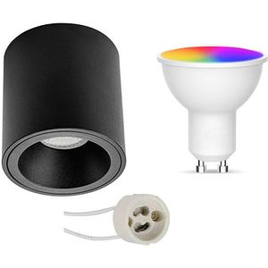 Voordeelset Opbouwspot Set GU10 - Facto - Smart LED - Wifi LED - Slimme LED - 5W - RGB+CCT - Aanpasbare Kleur - Dimbaar - Afstandsbediening - Pragmi Cliron Pro - Opbouw Rond - Mat Zwart - Verdiept - Ø90mm