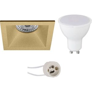 Voordeelset LED Spot Set - Aigi - Pragmi Pollon Pro - GU10 Fitting - Inbouw Vierkant - Mat Goud - 8W - Warm Wit 3000K - Verdiept - 82mm