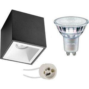 Voordeelset: Opbouwspot Set - Pragmi Cliron Pro - GU10 Fitting - Opbouw Vierkant - Mat Zwart/Wit - Verdiept - 90mm - Philips - MASTER 927 36D VLE - 3.7W - Warm Wit 2200K-2700K - DimTone Dimbaar