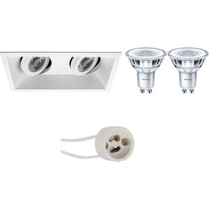 Voordeelset: LED Spot Set - Pragmi Zano Pro - GU10 Fitting - Inbouw Rechthoek Dubbel - Mat Wit - Kantelbaar - 185x93mm - Philips - CorePro 827 36D - 4.6W - Warm Wit 2700K