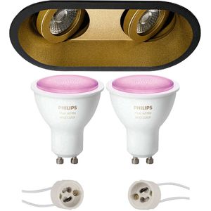 Voordeelset Pragmi Zano Pro - Inbouw Ovaal Dubbel - Mat Zwart/Goud - Kantelbaar - 185x93mm - Philips Hue - LED Spot Set GU10 - White and Color Ambiance - Bluetooth