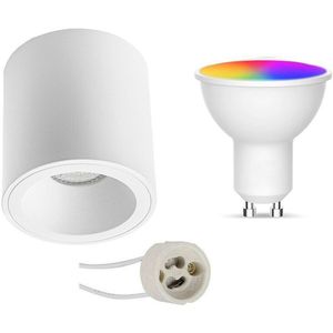 Voordeelset Opbouwspot Set GU10 - Facto - Smart LED - Wifi LED - Slimme LED - 5W - RGB+CCT - Aanpasbare Kleur - Dimbaar - Pragmi Cliron Pro - Opbouw Rond - Mat Wit - Verdiept - Ø90mm