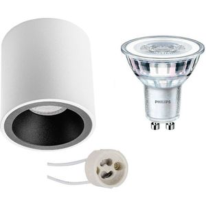 Voordeelset: Opbouwspot Set - Pragmi Cliron Pro - GU10 Fitting - Opbouw Rond - Mat Wit/Zwart - Verdiept - Ø90mm - Philips - CorePro 830 36D - 4.6W - Warm Wit 3000K