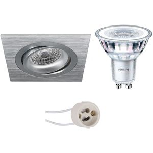 Voordeelset: LED Spot Set - Pragmi Borny Pro - GU10 Fitting - Inbouw Vierkant - Mat Zilver - Kantelbaar - 92mm - Philips - CorePro 827 36D - 5W - Warm Wit 2700K - Dimbaar