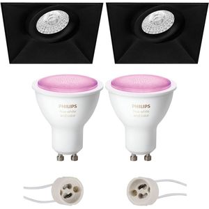 Voordeelset Pragmi Nivas Pro - Inbouw Vierkant - Mat Zwart - Trimless - Kantelbaar - 150mm - Philips Hue - LED Spot Set GU10 - White and Color Ambiance - Bluetooth