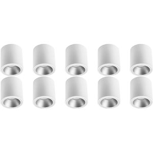 Opbouwspot 10 Pack - Pragmi Cliron Pro - GU10 Fitting - Opbouw Rond - Mat Wit/Zilver - Aluminium - Verdiept - Ø90mm