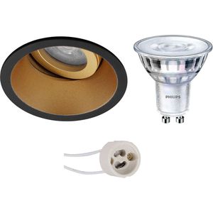 Voordeelset: LED Spot Set - Pragmi Zano Pro - GU10 Fitting - Inbouw Rond - Mat Zwart/Goud - Kantelbaar - Ø93mm - Philips - SceneSwitch 827 36D - 1.5W-5W - Warm Wit 2200K-2700K - Dimbaar