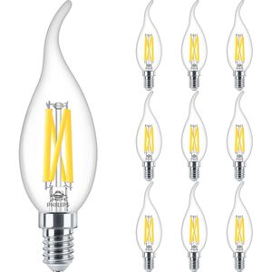 Voordeelpak PHILIPS - LED Lamp E14 10 Pack - MASTER LED E14 Gebogen-Tip Kaars Filament Helder 3.4W 470lm - 922-927 Dim to Warm 2200K-2700K - Beste Kleurweergave - Dimbaar | Vervangt 40W