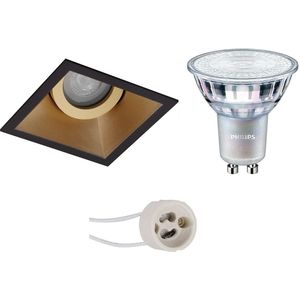 Voordeelset: LED Spot Set - Pragmi Zano Pro - GU10 Fitting - Inbouw Vierkant - Mat Zwart/Goud - Kantelbaar - 93mm - Philips - MASTER 927 36D VLE - 3.7W - Warm Wit 2200K-2700K - DimTone Dimbaar