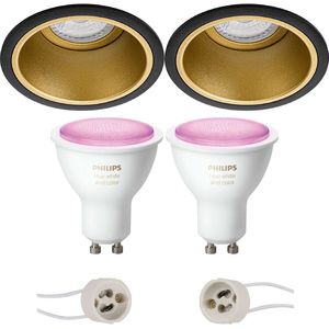 Voordeelset Pragmi Minko Pro - Inbouw Rond - Mat Zwart/Goud - Verdiept - Ø90mm - Philips Hue - LED Spot Set GU10 - White and Color Ambiance - Bluetooth