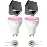 Voordeelset Pragmi Cliron Pro - Opbouw Vierkant - Mat Zwart - Verdiept - 90mm - Philips Hue - Opbouwspot Set GU10 - White and Color Ambiance - Bluetooth