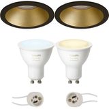 Voordeelset Pragmi Pollon Pro - Inbouw Rond - Mat Zwart/Goud - Verdiept - Ø82mm - Philips Hue - LED Spot Set GU10 - White Ambiance - Bluetooth