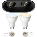 Voordeelset Pragmi Zano Pro - Inbouw Ovaal Dubbel - Mat Zwart - Kantelbaar - 185x93mm - Philips Hue - LED Spot Set GU10 - White Ambiance - Bluetooth