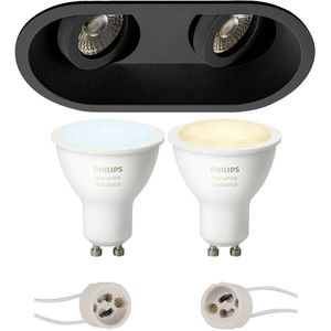 Voordeelset Pragmi Zano Pro - Inbouw Ovaal Dubbel - Mat Zwart - Kantelbaar - 185x93mm - Philips Hue - LED Spot Set GU10 - White Ambiance - Bluetooth