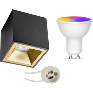 Voordeelset Opbouwspot Set GU10 - Facto - Smart LED - Wifi LED - Slimme LED - 5W - RGB+CCT - Aanpasbare Kleur - Dimbaar - Pragmi Cliron Pro - Opbouw Vierkant - Mat Zwart/Goud - Verdiept - 90mm