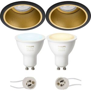 Voordeelset Pragmi Minko Pro - Inbouw Rond - Mat Zwart/Goud - Verdiept - Ø90mm - Philips Hue - LED Spot Set GU10 - White Ambiance - Bluetooth