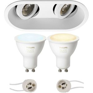 Voordeelset Pragmi Zano Pro - Inbouw Ovaal Dubbel - Mat Wit - Kantelbaar - 185x93mm - Philips Hue - LED Spot Set GU10 - White Ambiance - Bluetooth