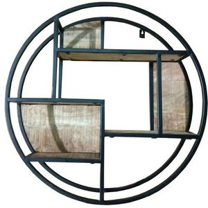 IndustriÃ«le ronde Mangohouten wandrek met zwart gepoedercoat stalen frame 100cm