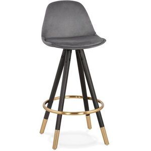Halfhoge design barkruk 'CHICAGO MINI' in grijs fluweel en 4 poten in zwart hout